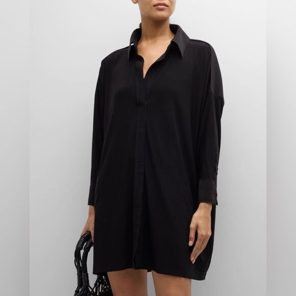 Norma Kamali Tops - Norma Kamali Boxy Coverup Beach Shirt Tunic Dress Large Black Stretch Jersey